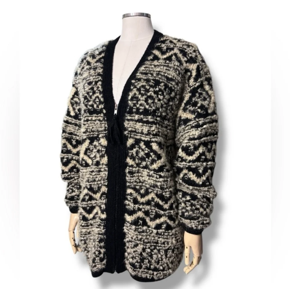 JONES NEW YORK SPORT Black & Cream Hand Knit Bouclé Mohair Cardigan VINTAGE